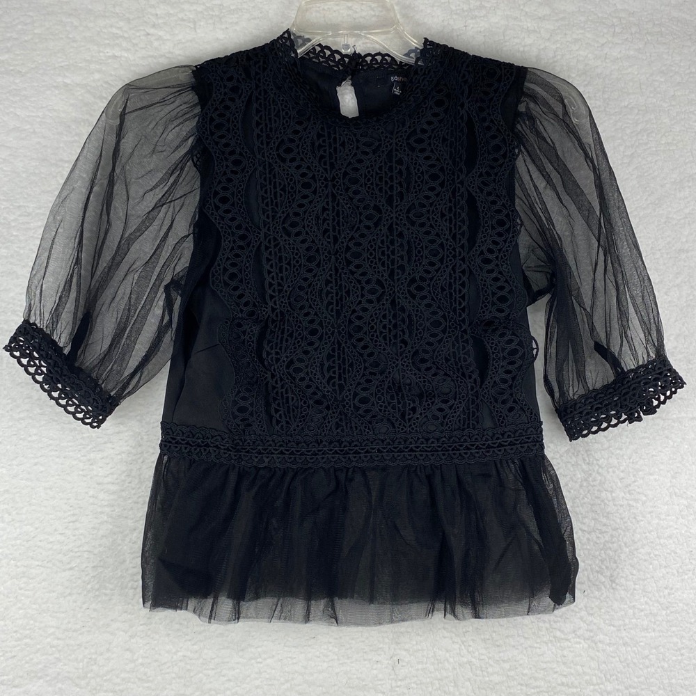Blashe Black Lace Tulle Mock Neck Puff Sleeve Peplum Top Women L